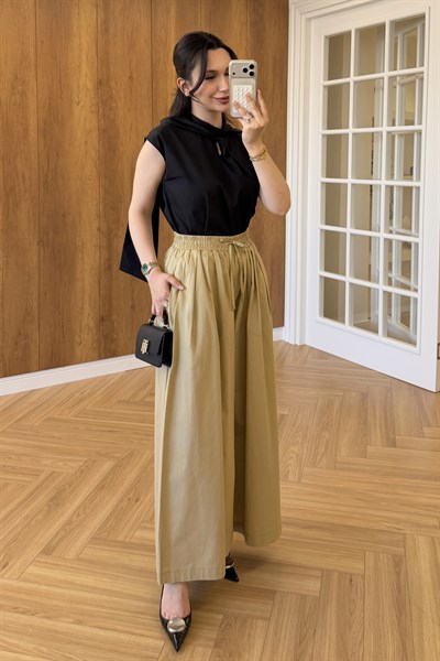 PİLELİ POPLİN PANTOLON - CAMEL