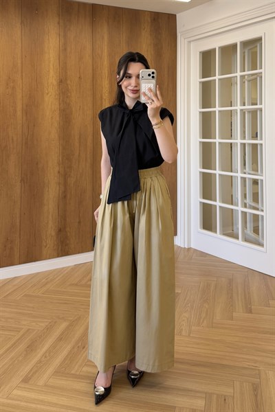 PİLELİ POPLİN PANTOLON - CAMEL