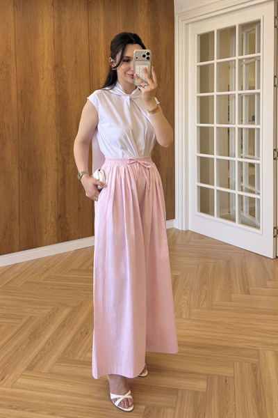 PİLELİ POPLİN PANTOLON - PEMBE