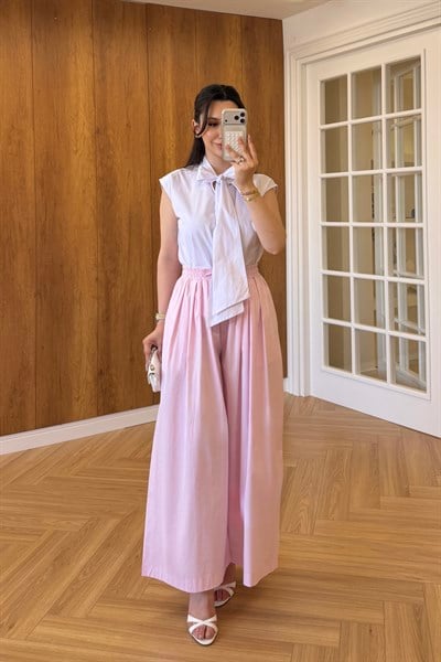 PİLELİ POPLİN PANTOLON - PEMBE