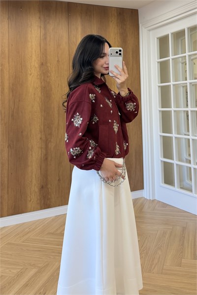 TAŞ İŞLEMELİ SÜET CEKET - BORDO