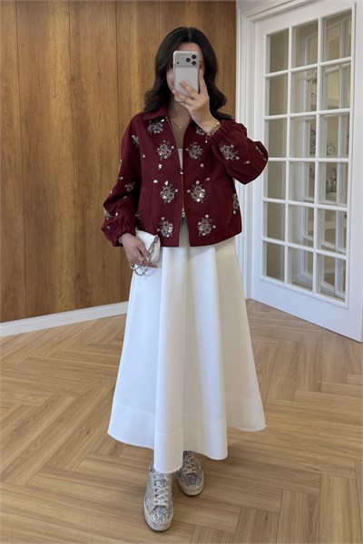 TAŞ İŞLEMELİ SÜET CEKET - BORDO
