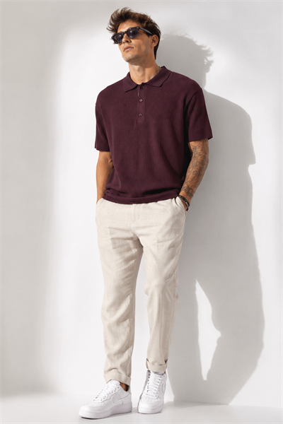 Erkek Kısa Kollu Fitilli Yarım Düğme Kapama Polo Yaka T-Shirt 26001