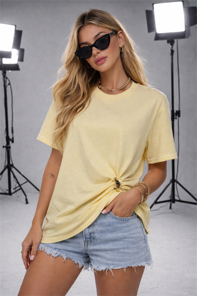 Kadın Bisiklet Yaka Kısa Kollu Gold Yan Toka Detaylı T-Shirt 5035