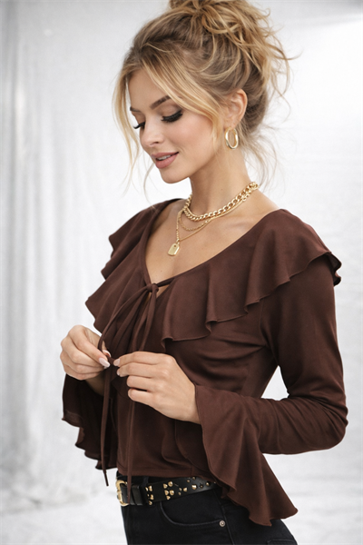 Kadın V Yaka Fırfır Detaylı Uzun Kollu Crop Trend Bluz 979