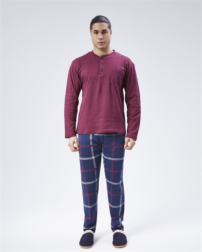 Erkek Siyah Önü Baklava Desenli Şardonlu Kışlık Pijama Takımı