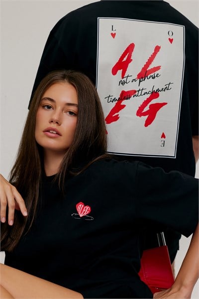 Kart Baskılı Siyah Oversize T-Shirt 123