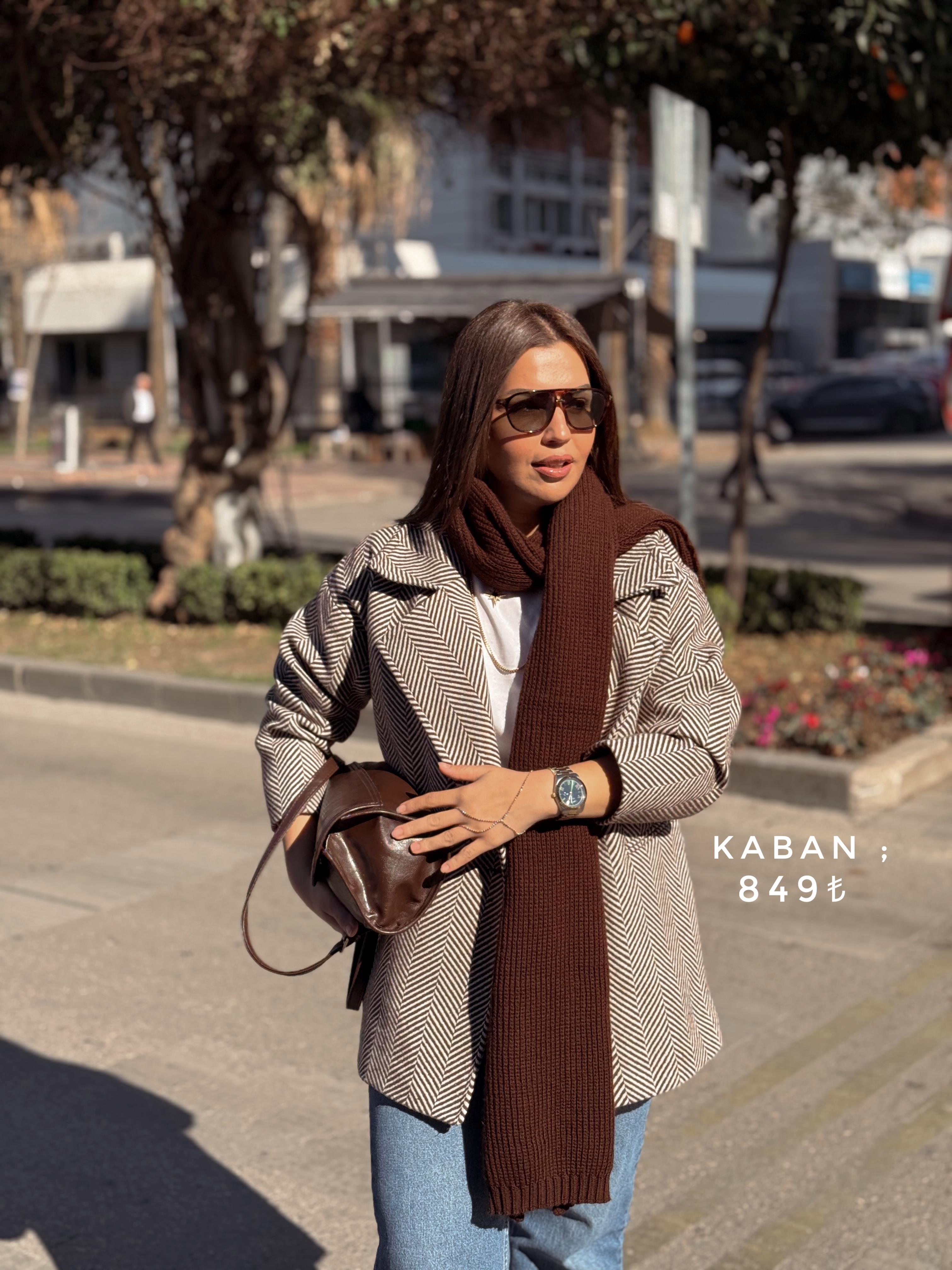 Balık Sırtı Desen Kaşe Kaban Kahverengi