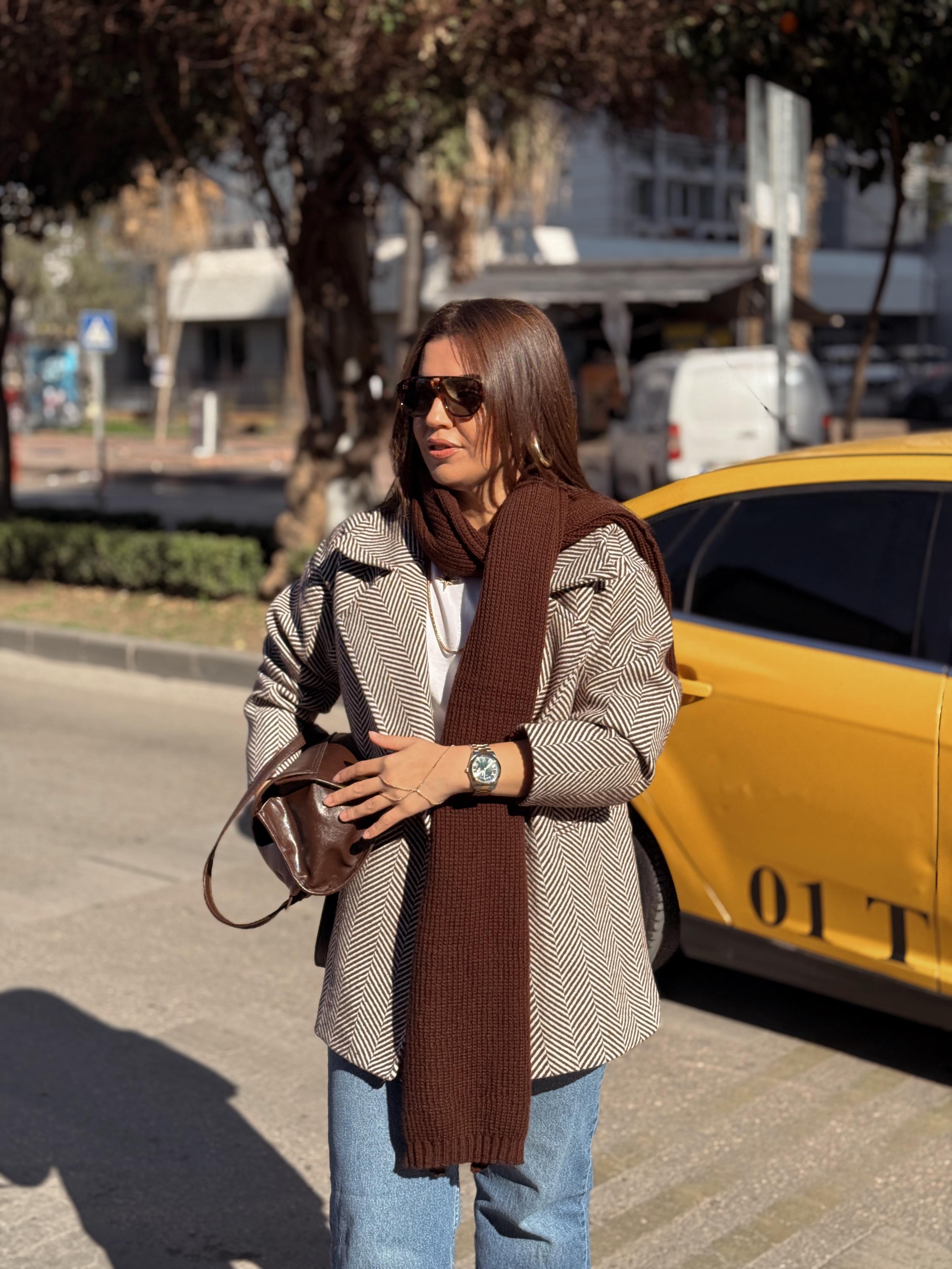 Balık Sırtı Desen Kaşe Kaban Kahverengi