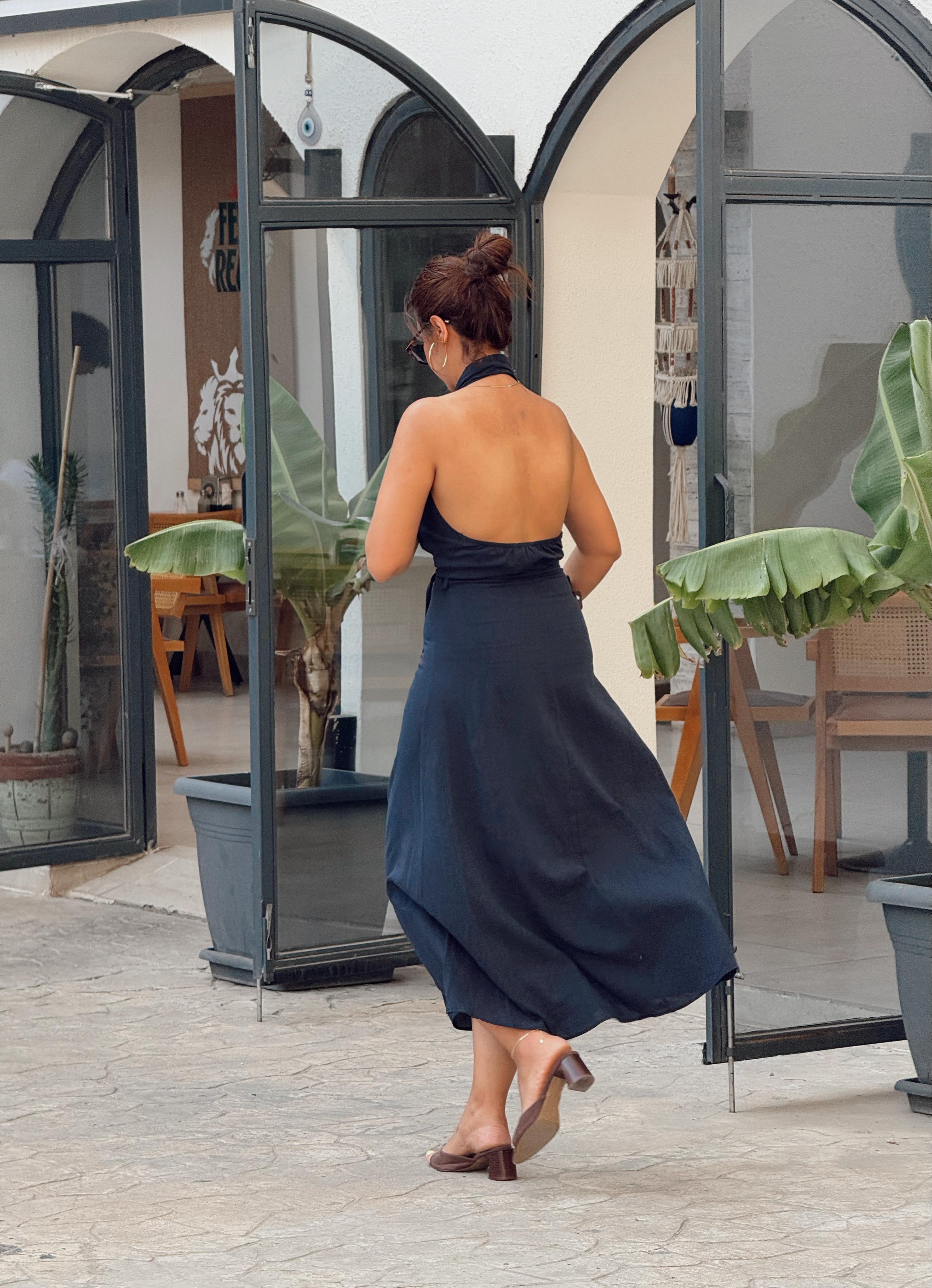 Boyundan bağlamalı elbise lacivert