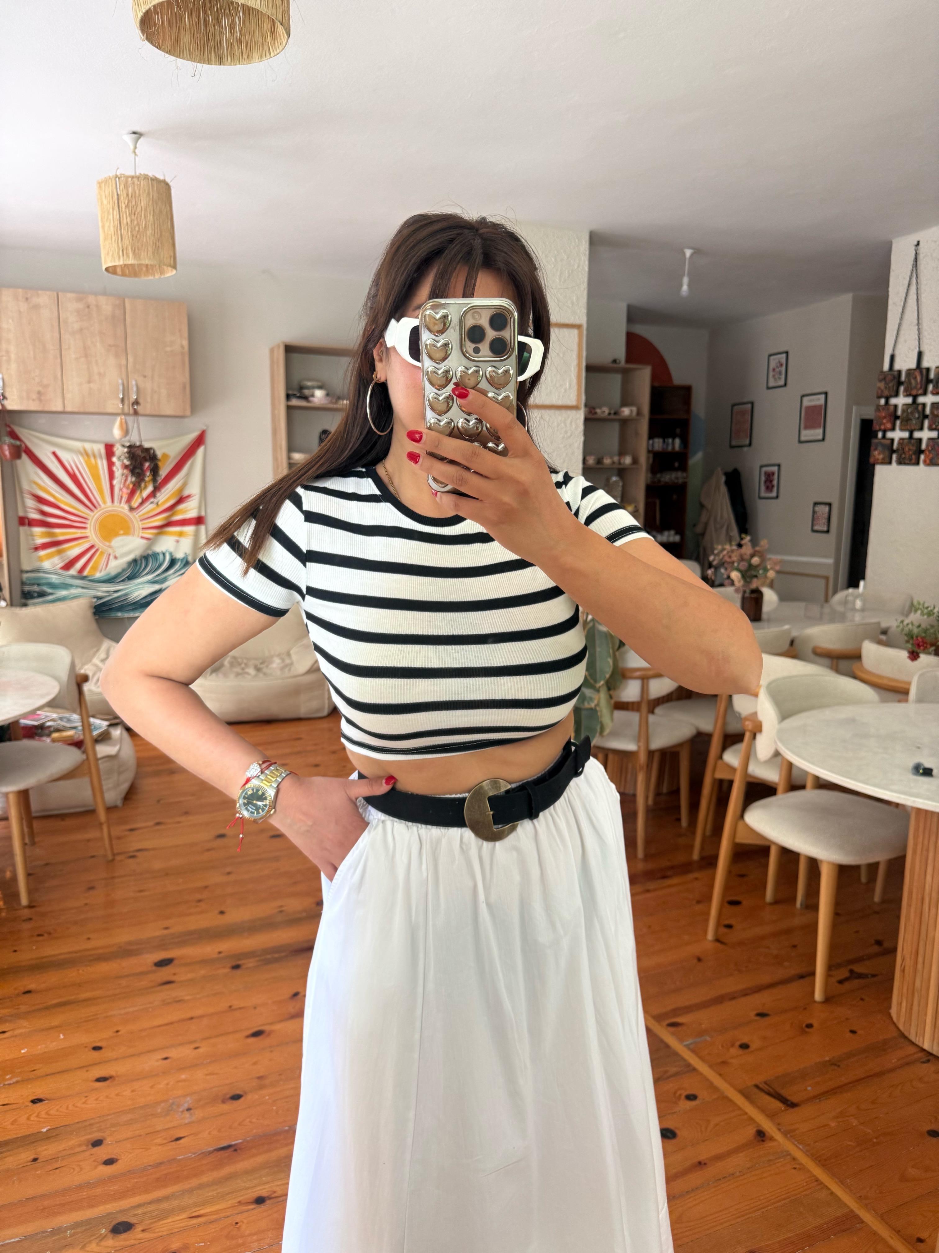 Çizgili Crop T-shirt Beyaz-Siyah