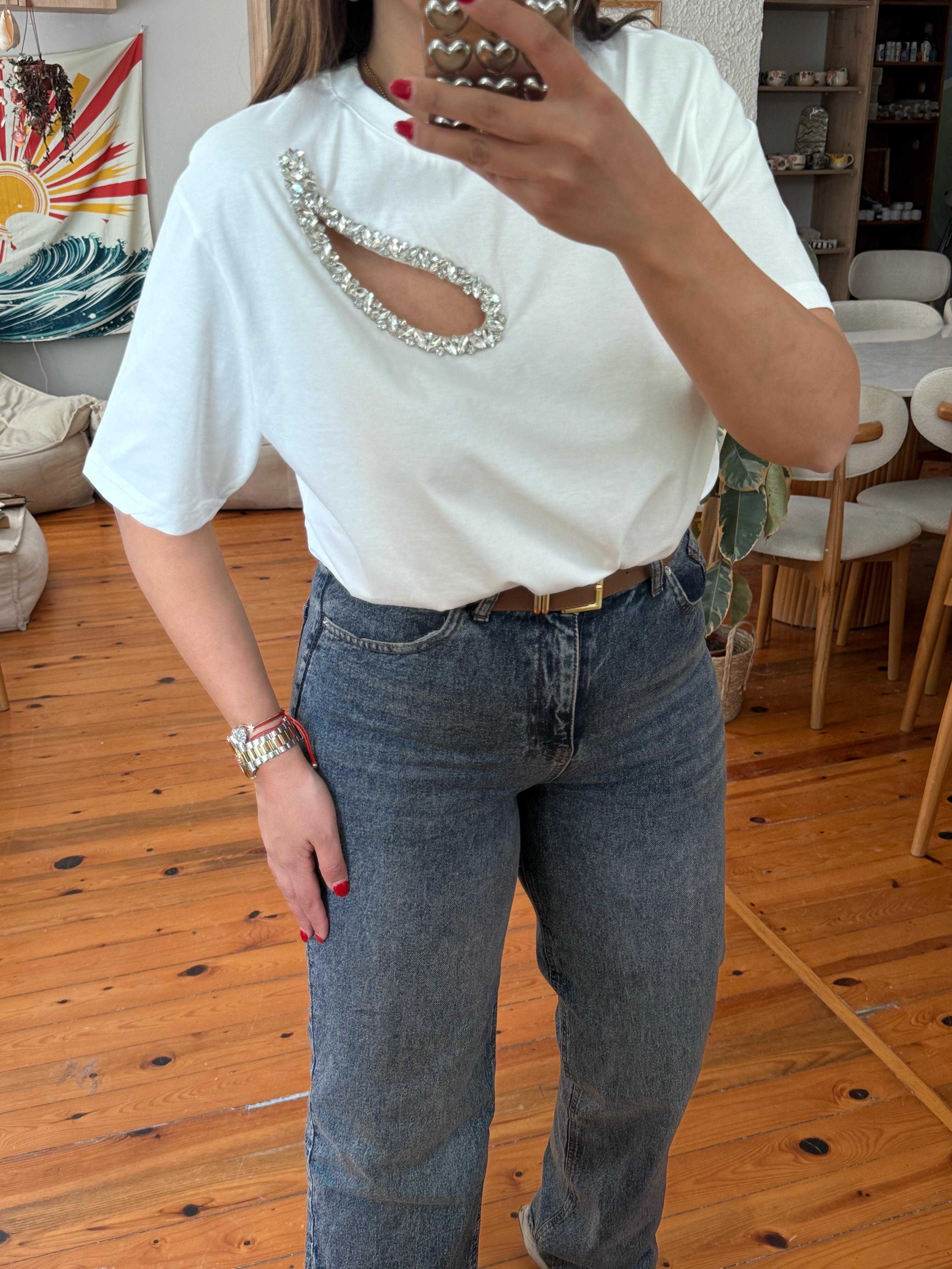 Damla Taşlı Beymen T-shirt Beyaz