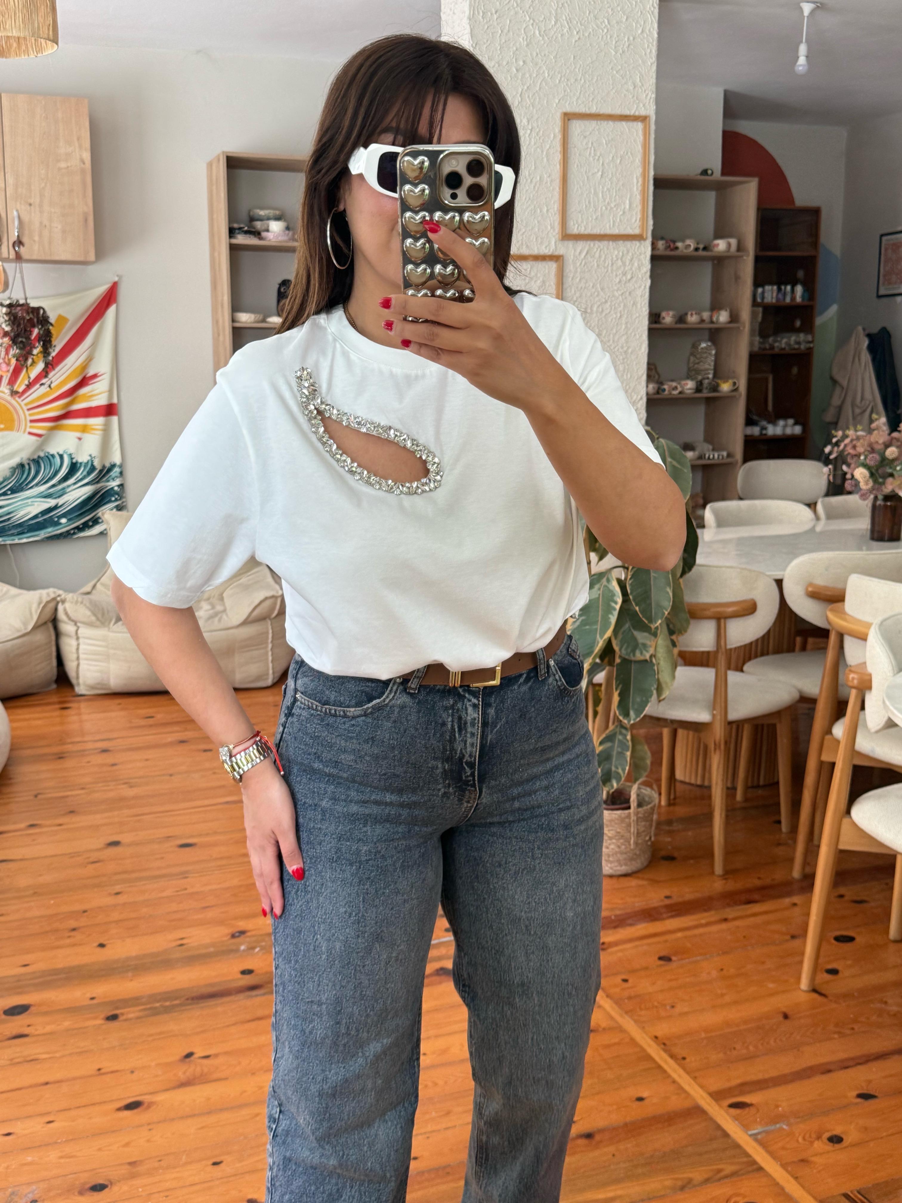 Damla Taşlı Beymen T-shirt Beyaz
