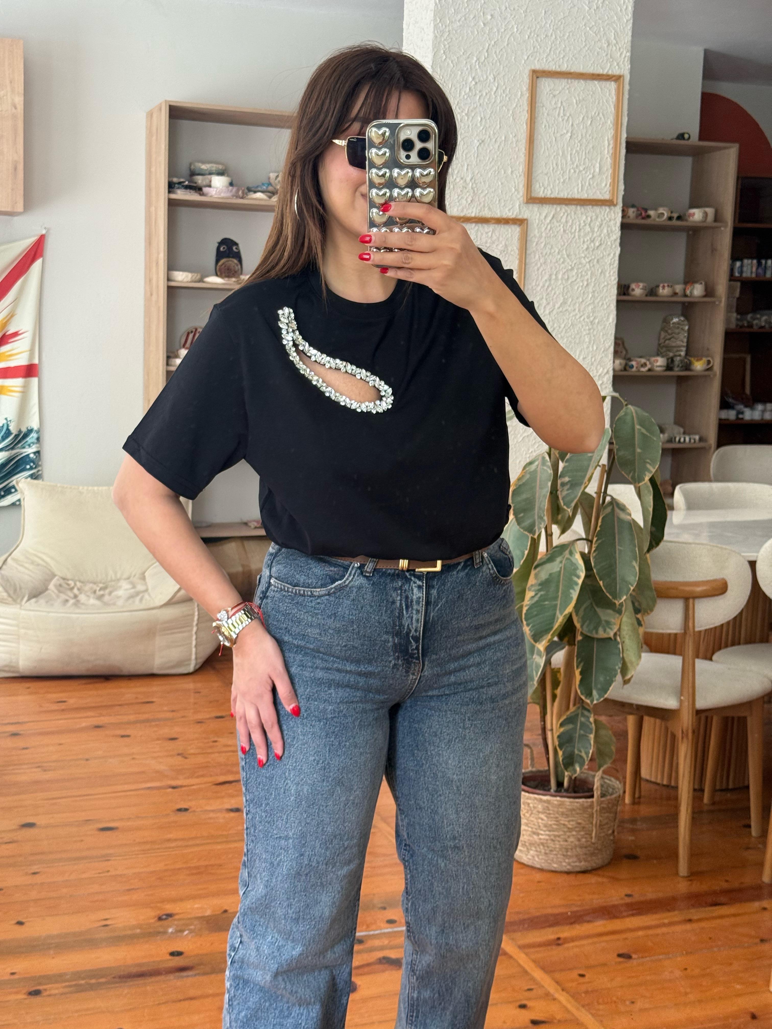 Damla Taşlı Beymen T-shirt Siyah