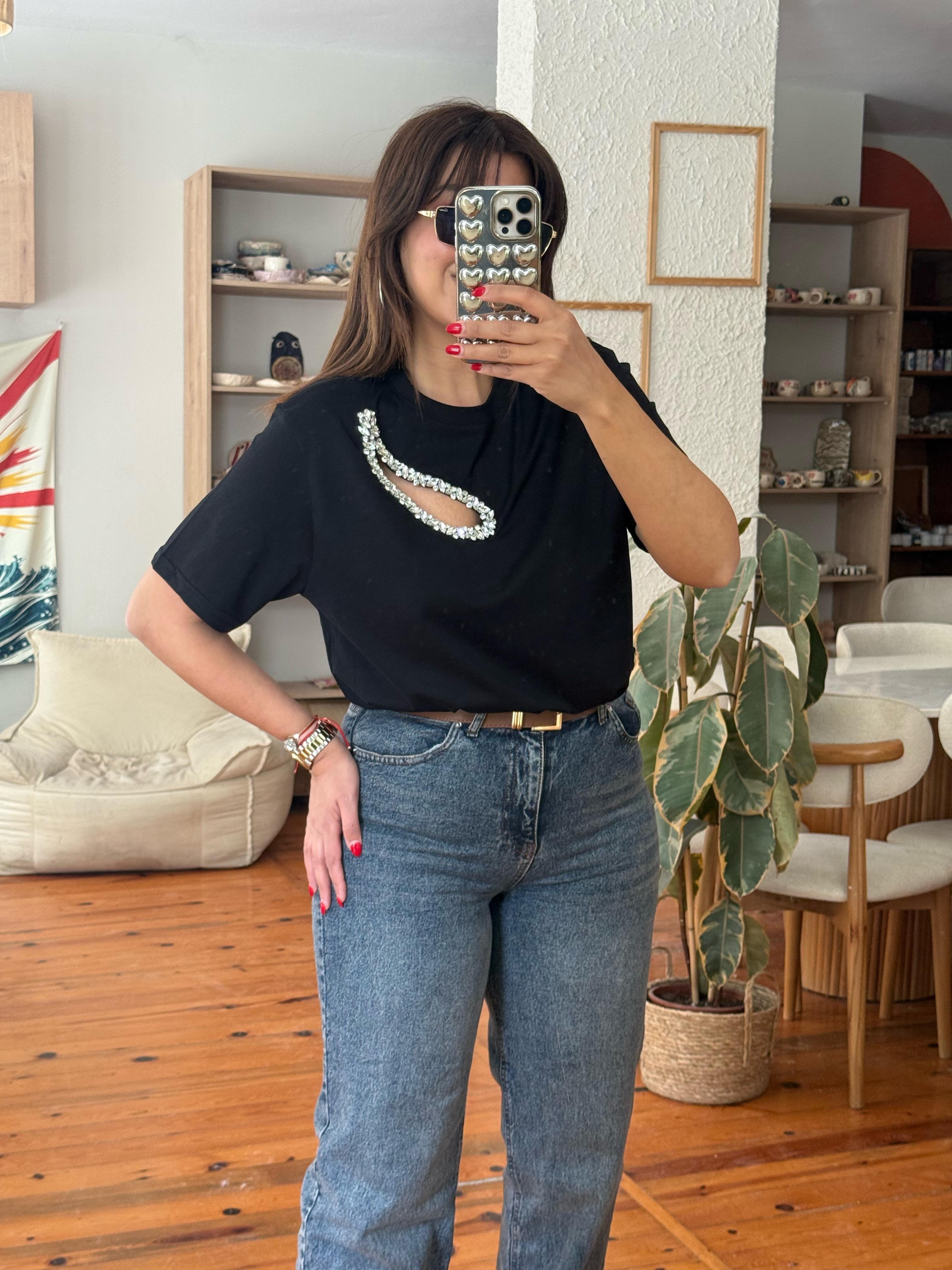 Damla Taşlı Beymen T-shirt Siyah