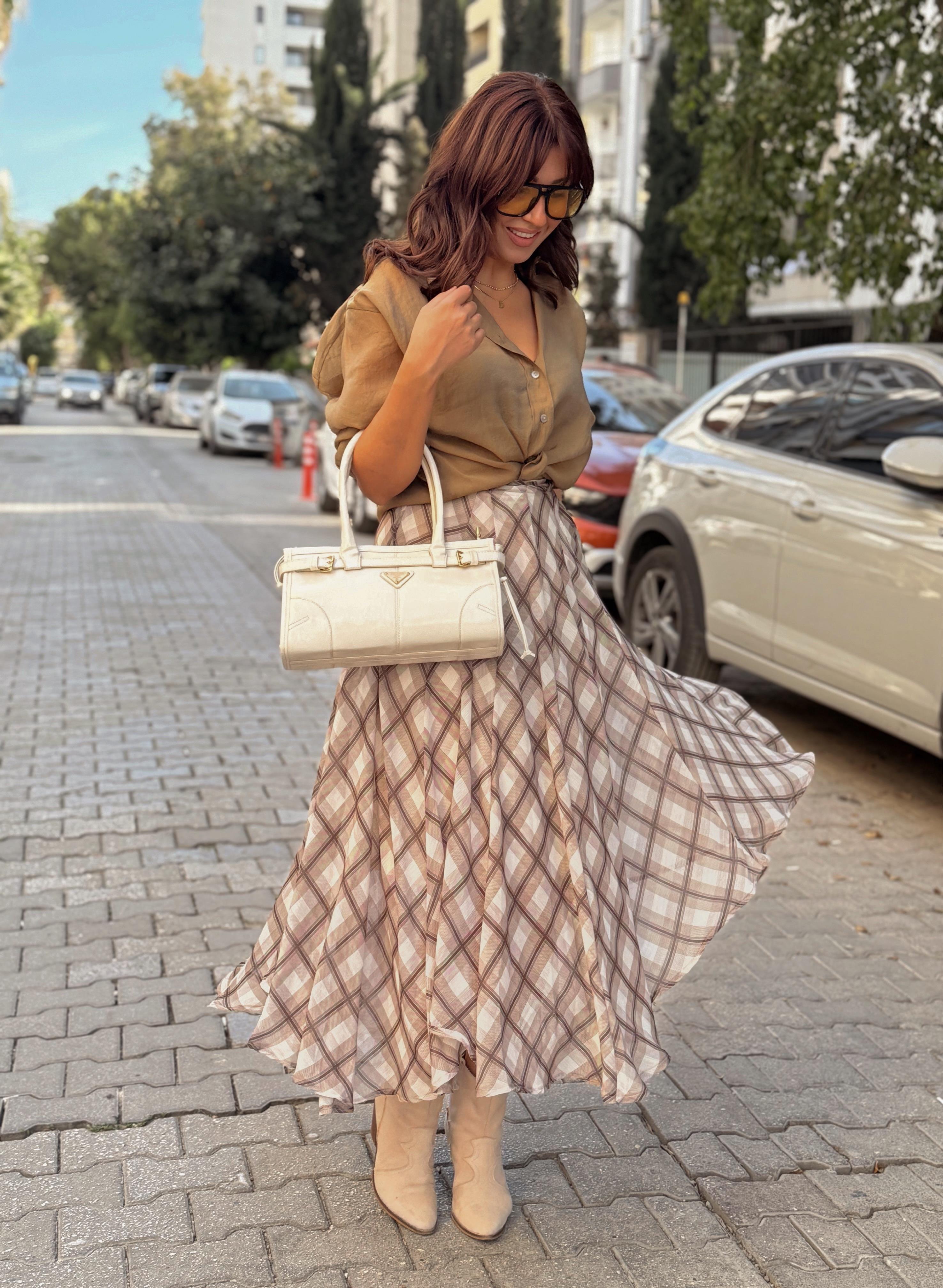 Ekoseli Asimetrik Kesim Şifon Etek Ekose Desen