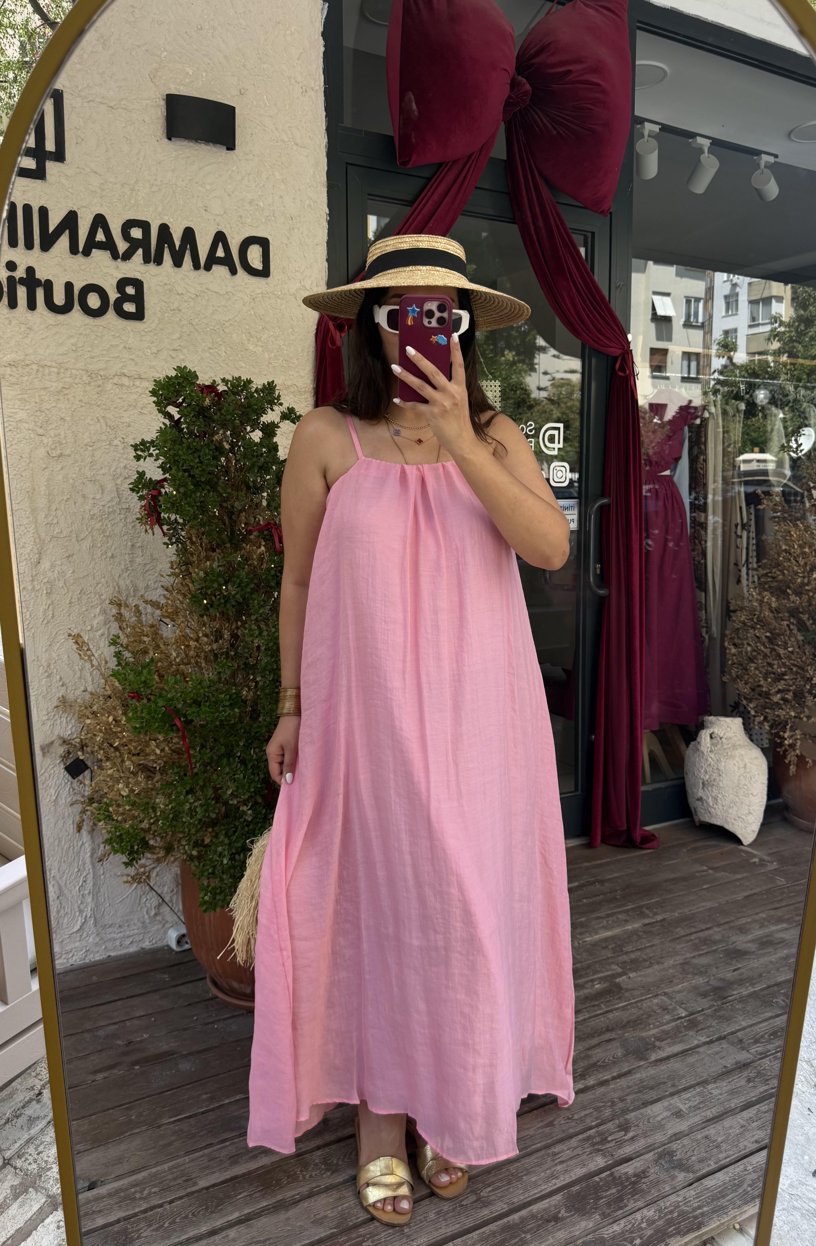 İpli Astarlı Halter Elbise Pembe