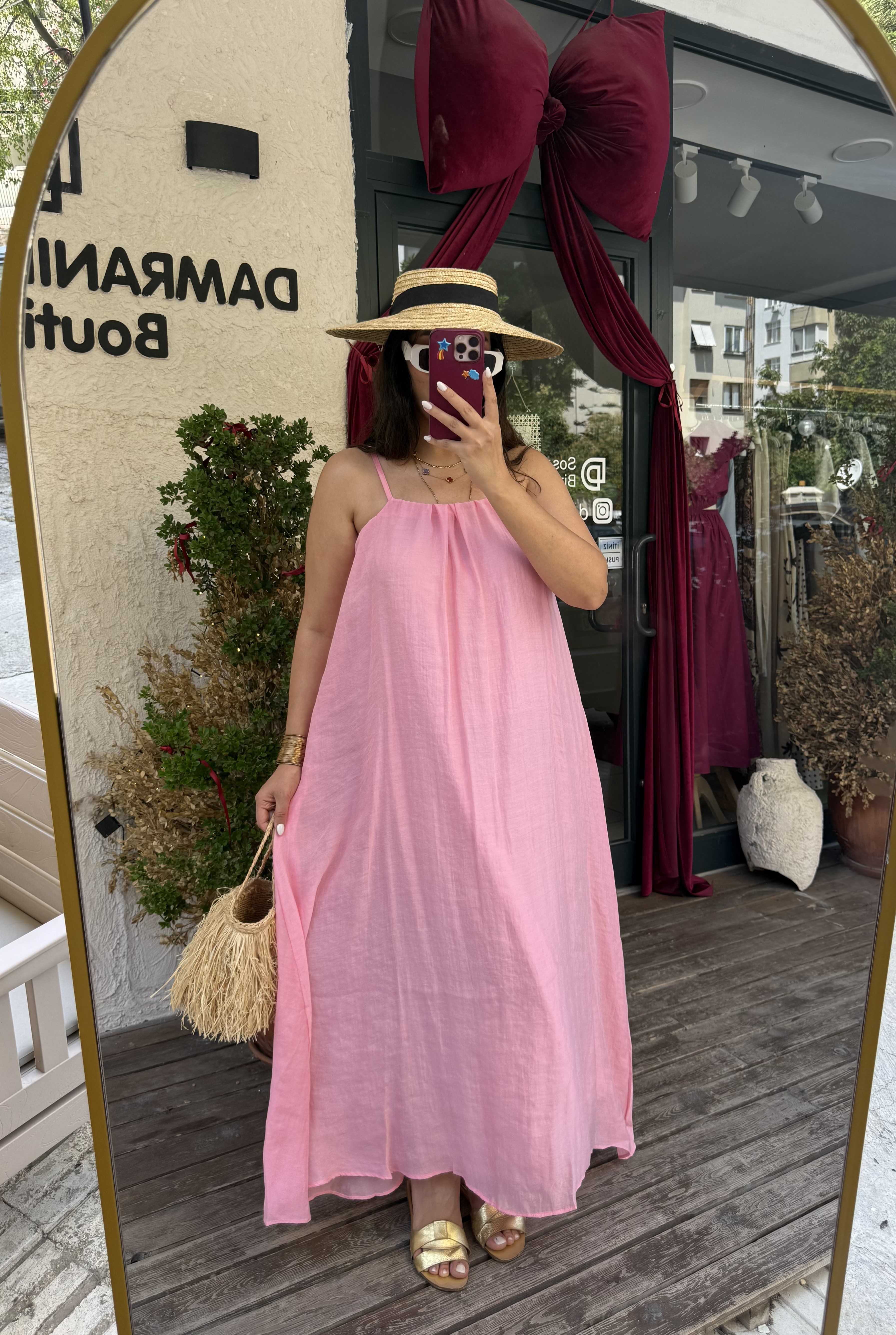 İpli Astarlı Halter Elbise Pembe