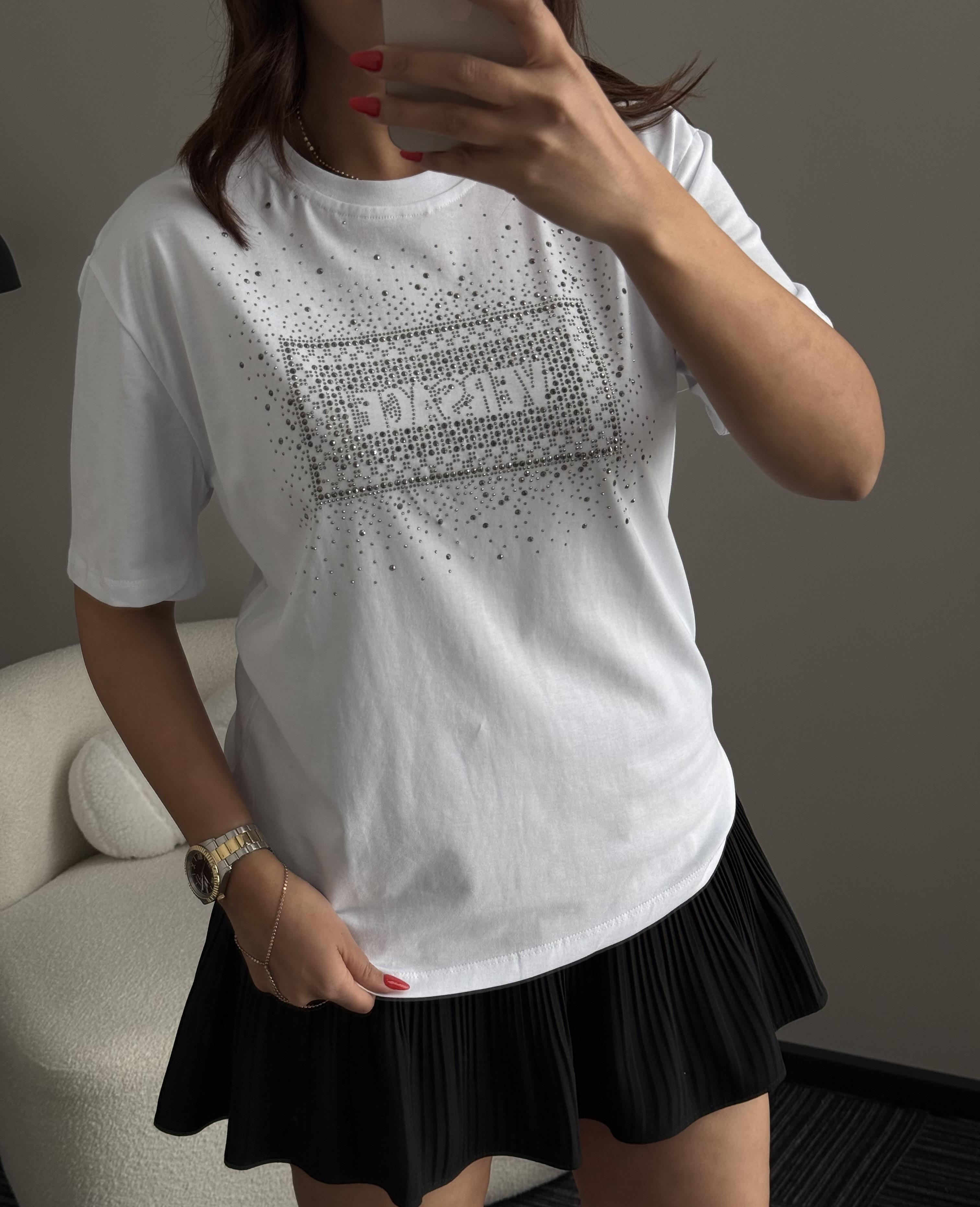 Işıltılı Marka T-Shırt Beyaz