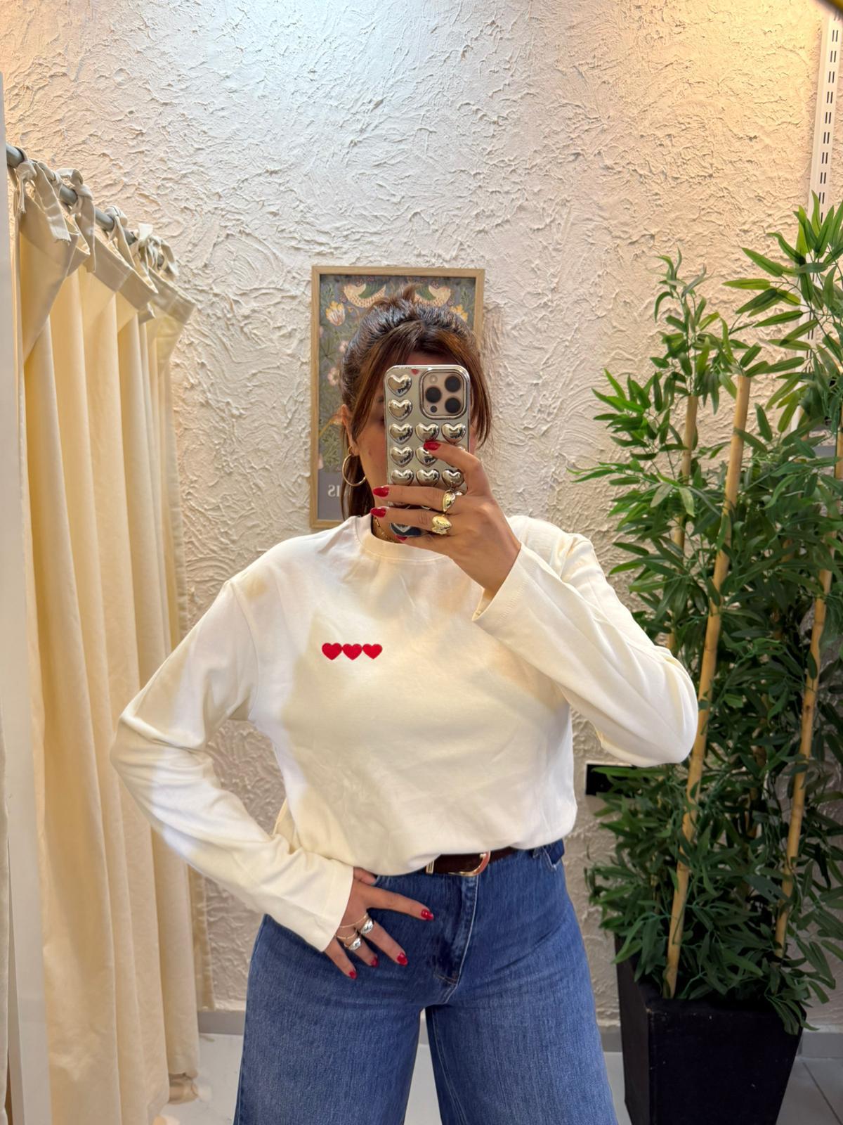 Kalp Nakışlı sweat Krem