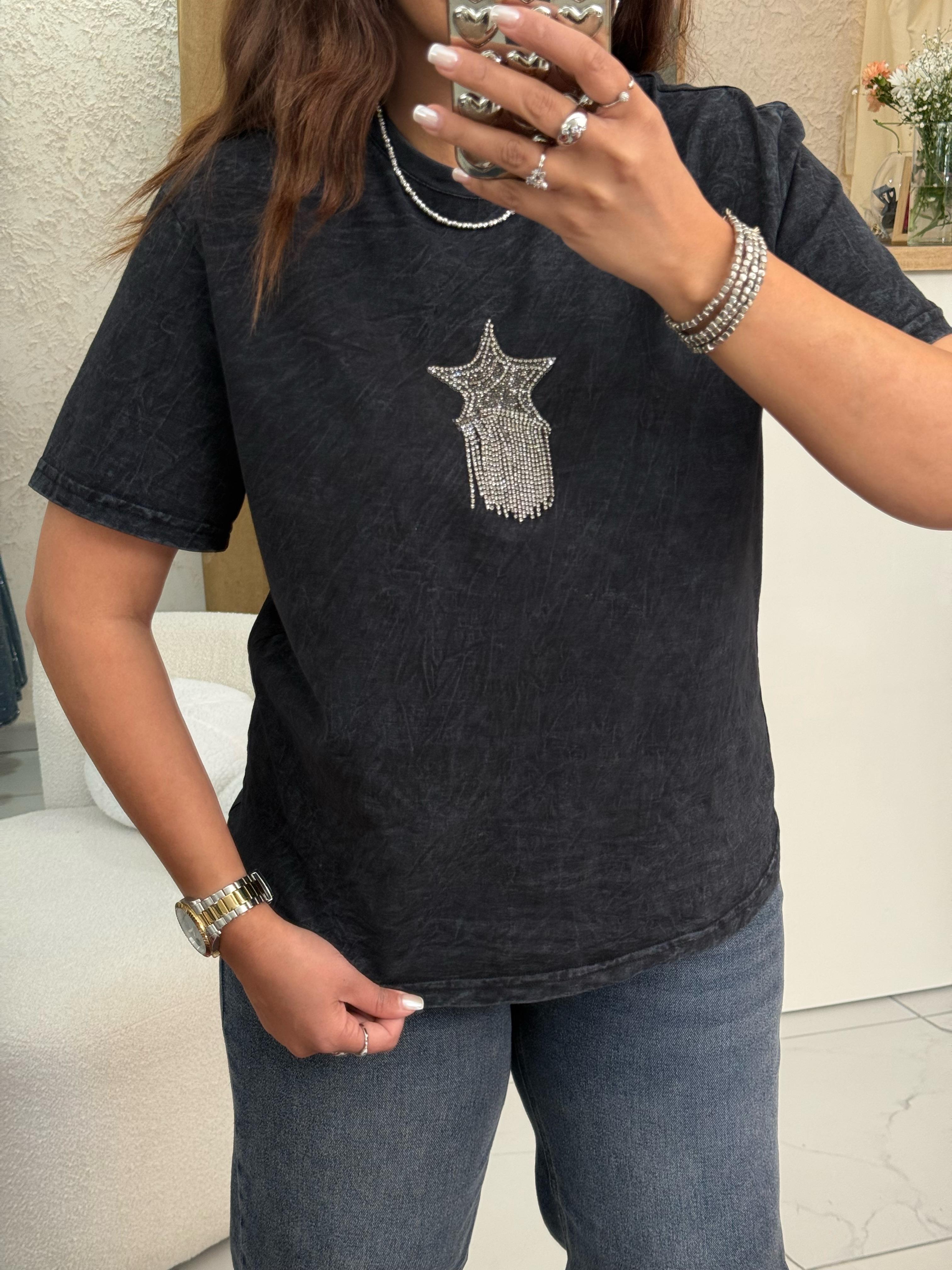 Marka Taşlı T-shirt Antrasit