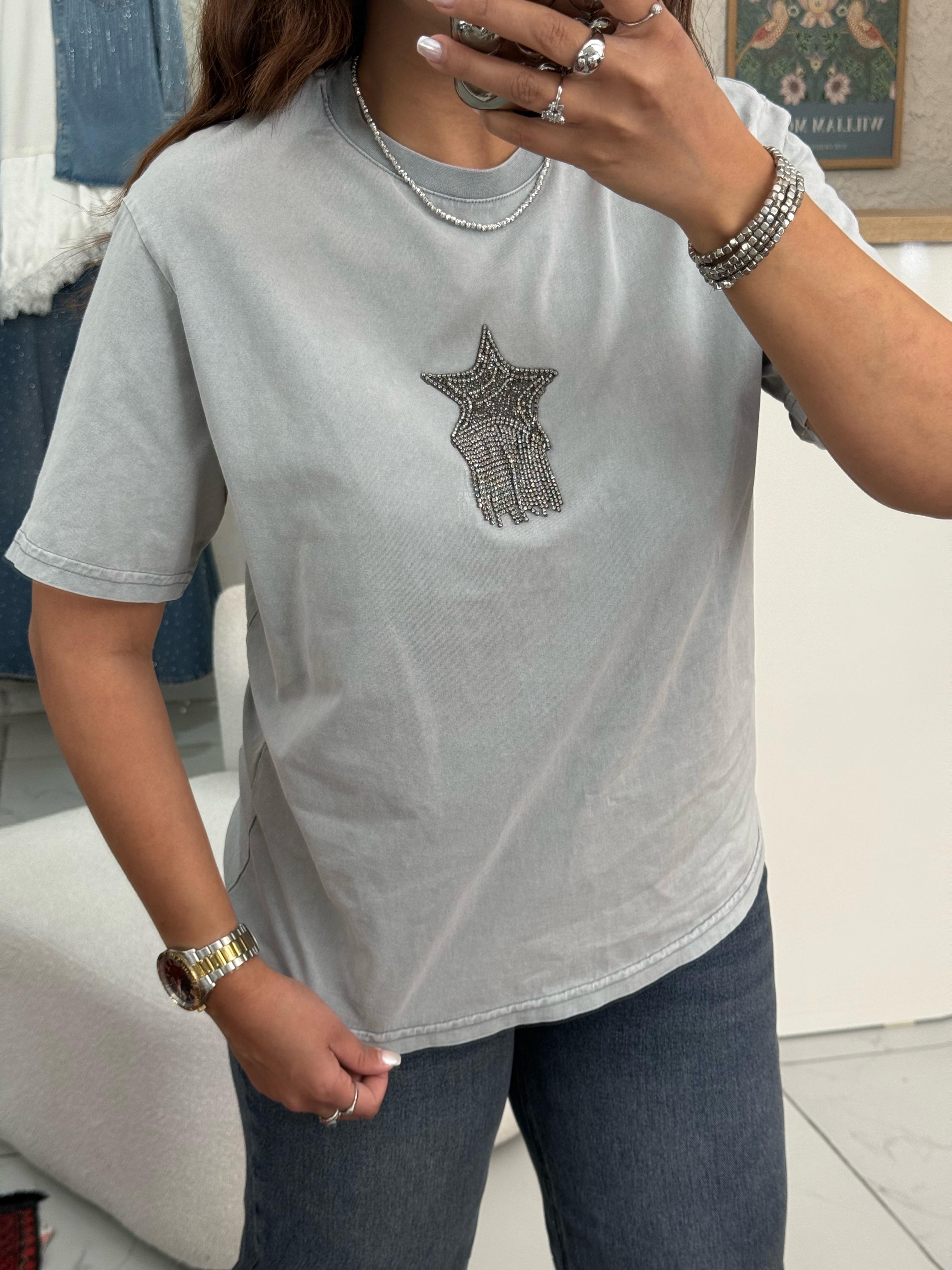 Marka Taşlı T-shirt Gri