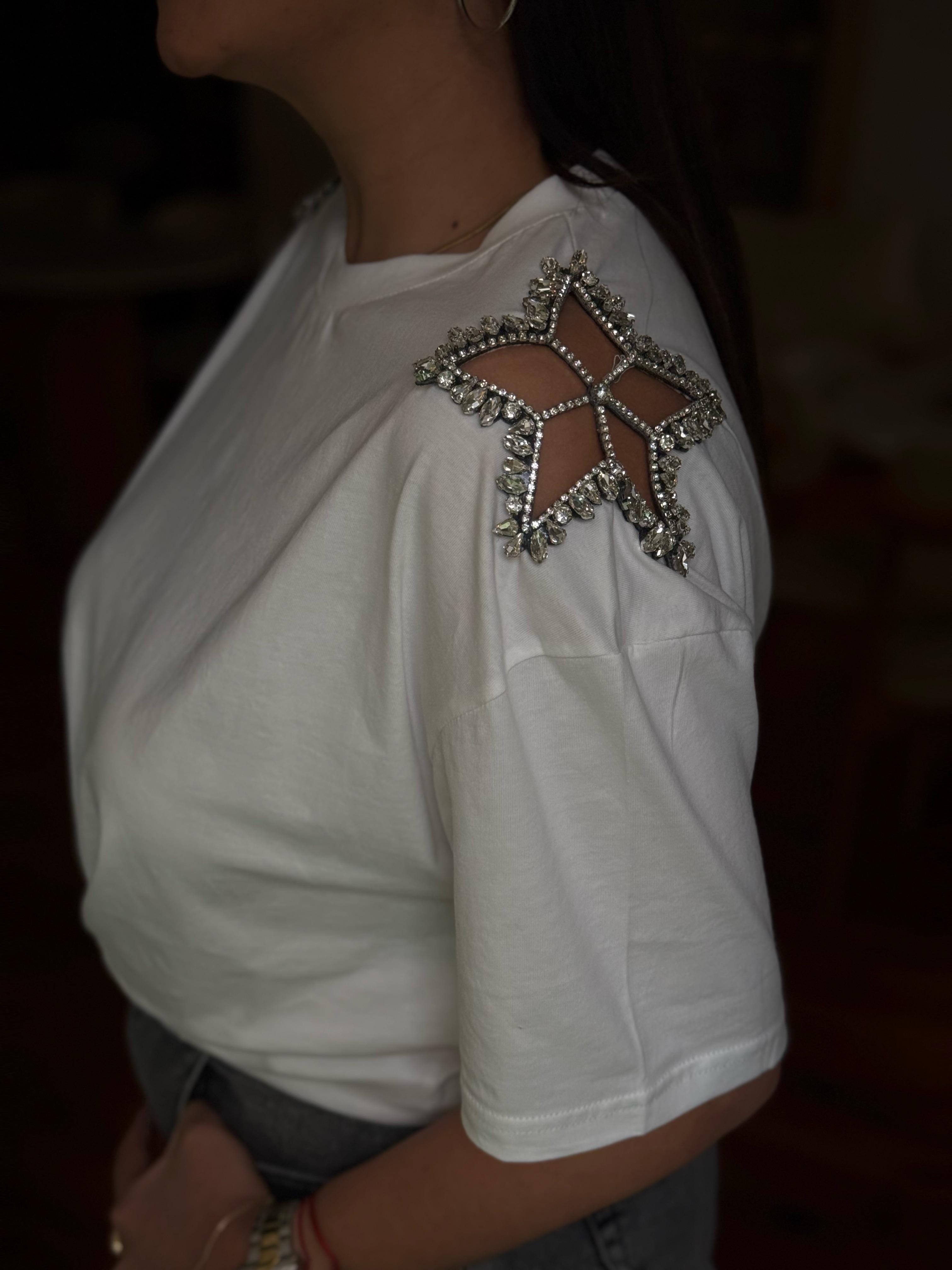 Omuzu Yıldız Detaylı T-shirt Beyaz