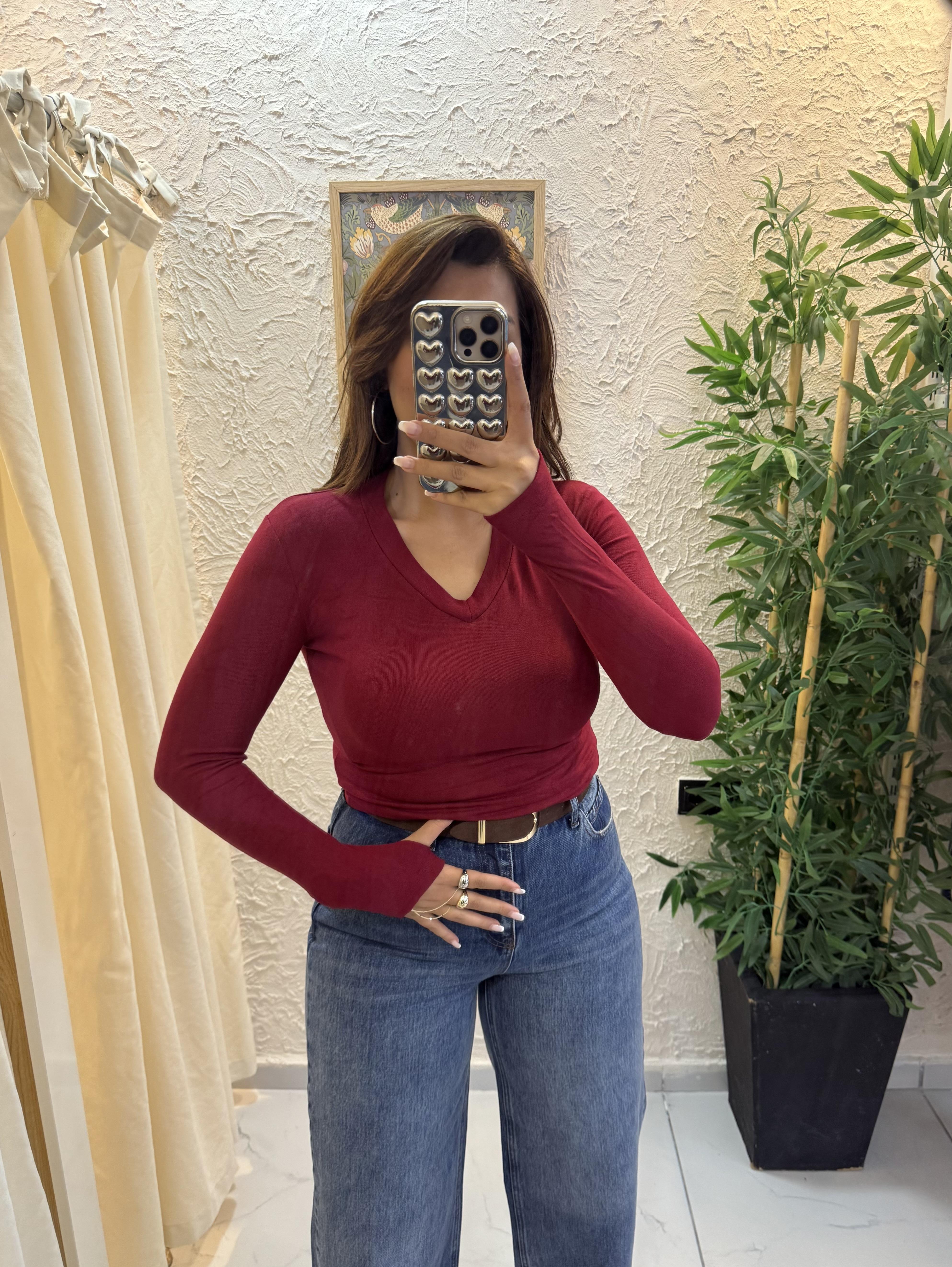 Oysho Parmak Geçirmeli Body V Yaka Bordo