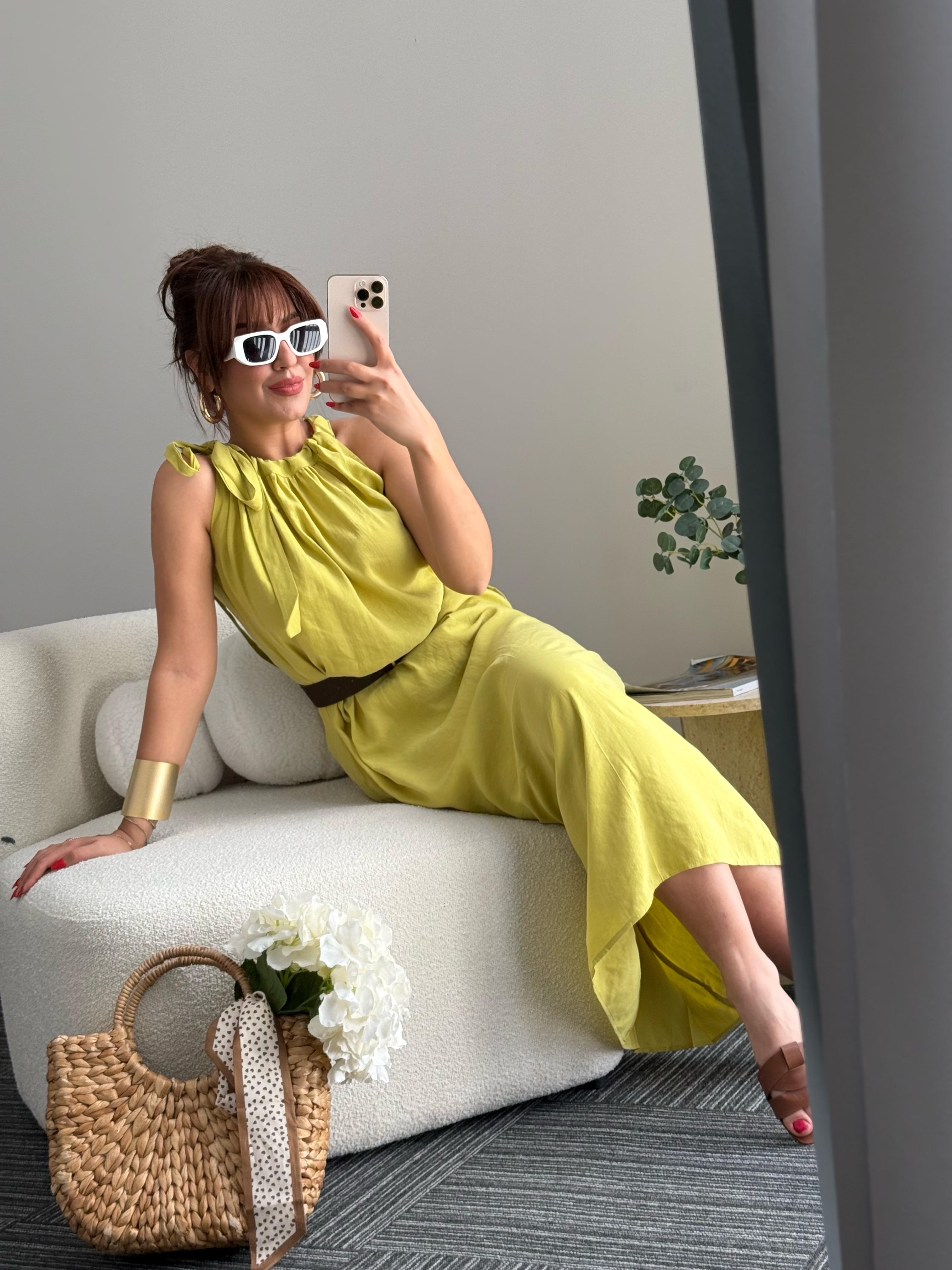 Tensel Halter Elbise Yağ Yeşili