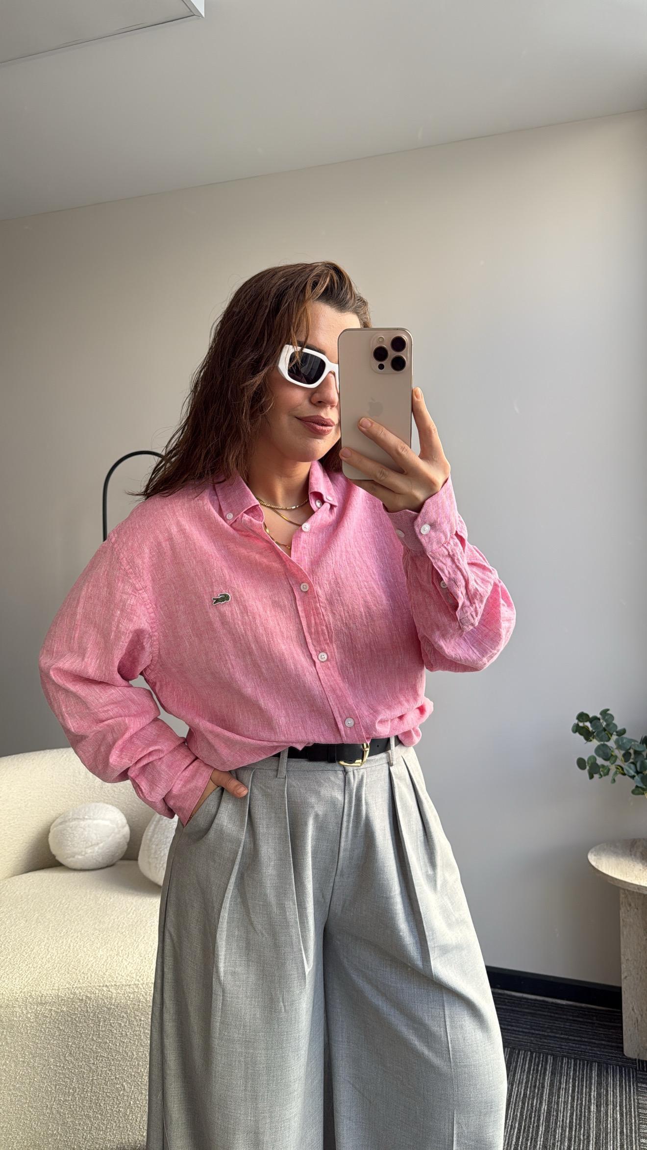 Unisex Keten Gömlek  Pembe
