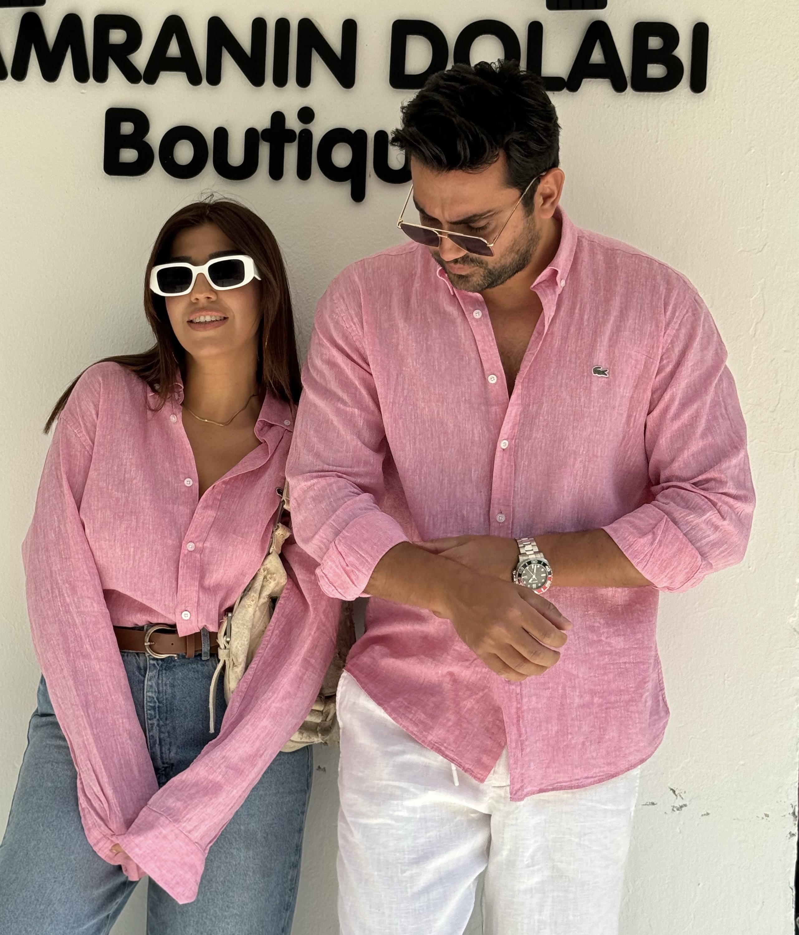 Unisex Keten Gömlek  Pembe