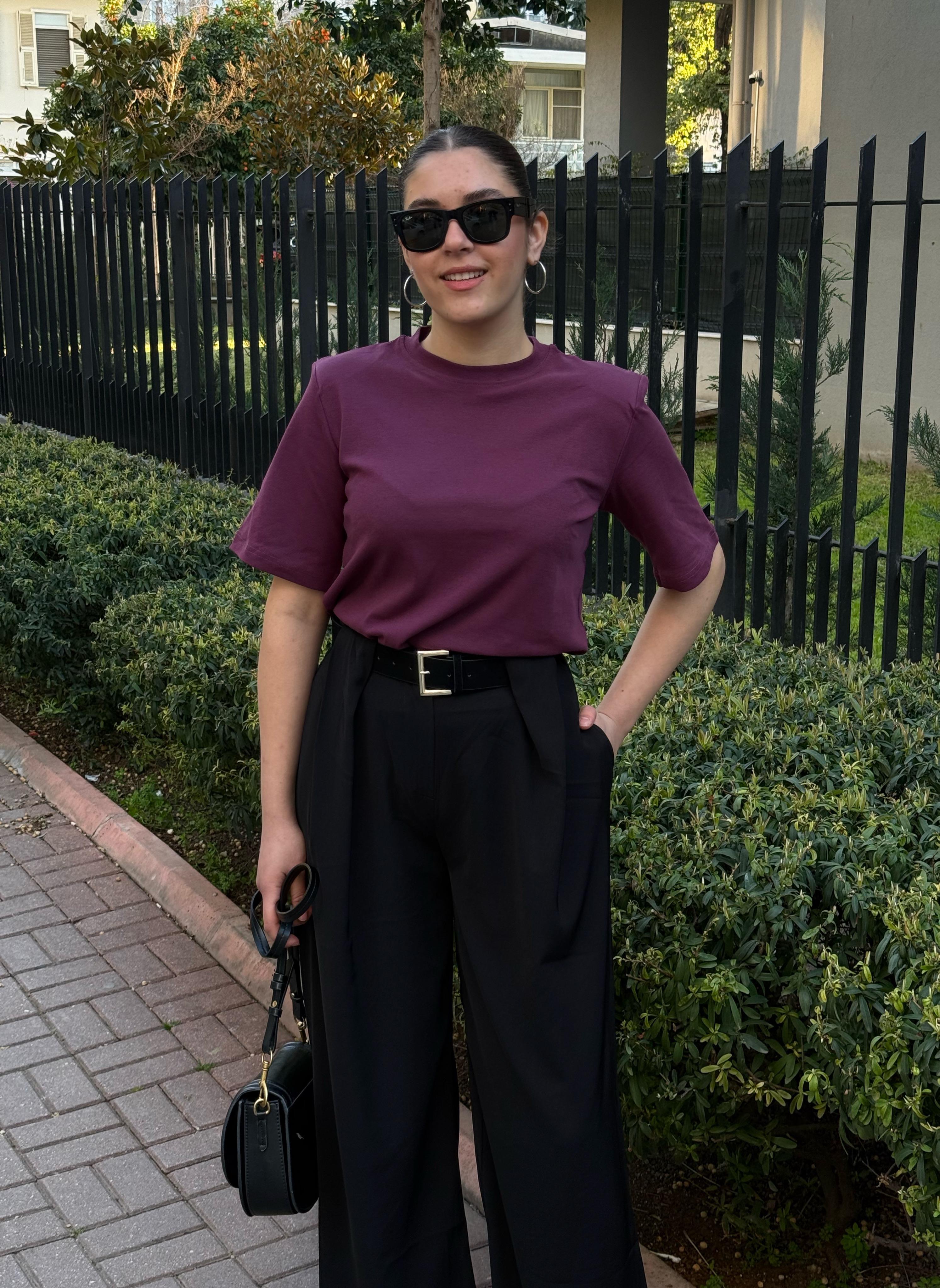 Vatkalı T-shirt Mürdüm