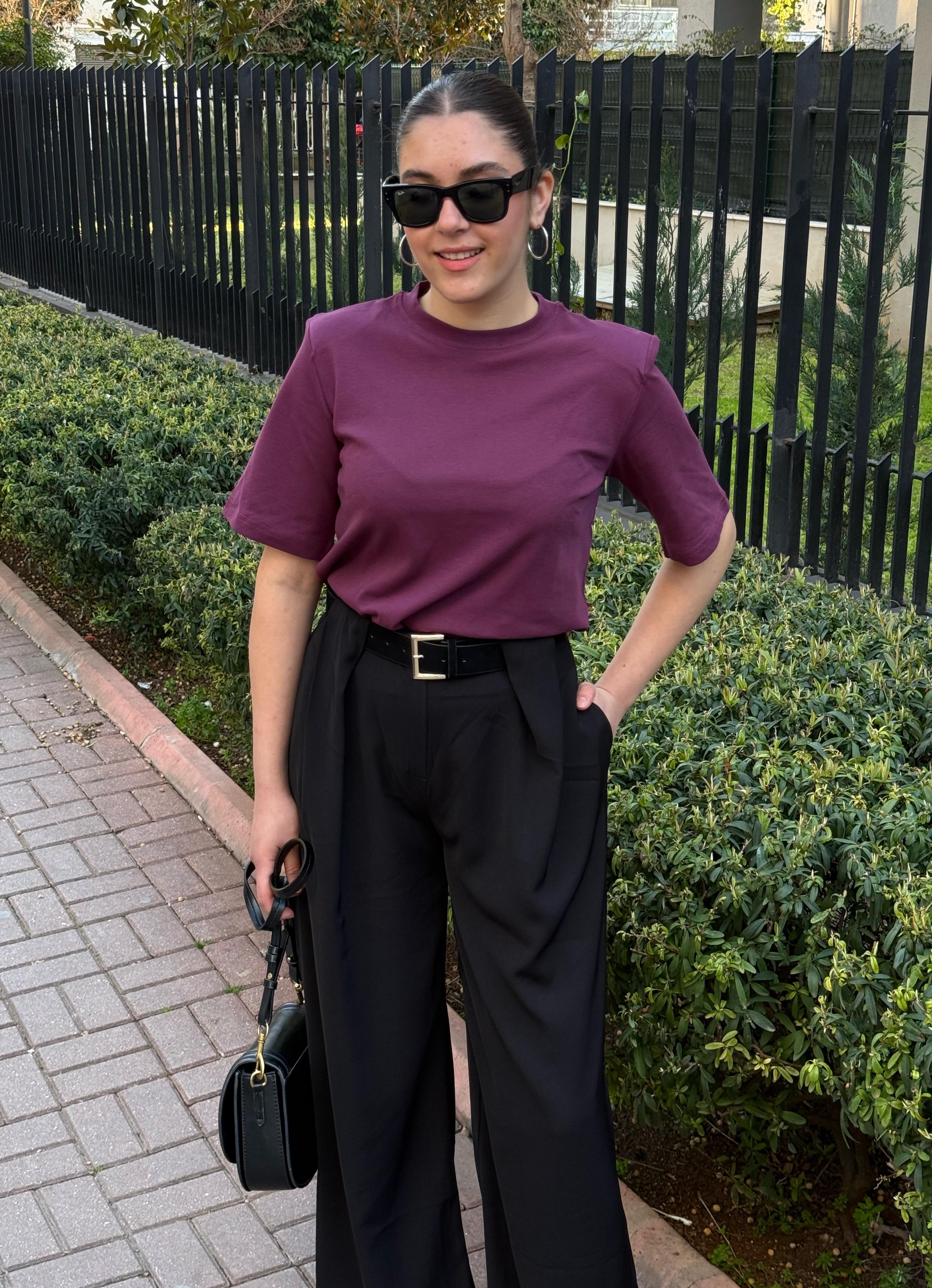 Vatkalı T-shirt Mürdüm