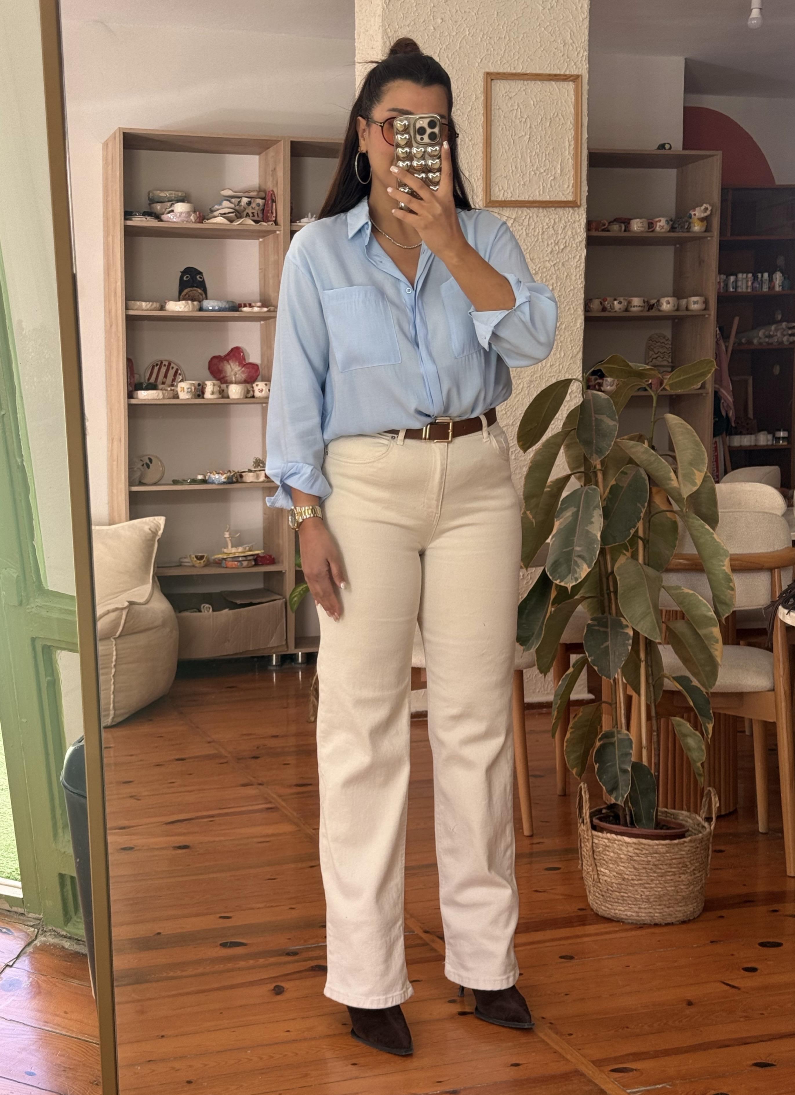 Wıde Leg Kemerli Jean Krem