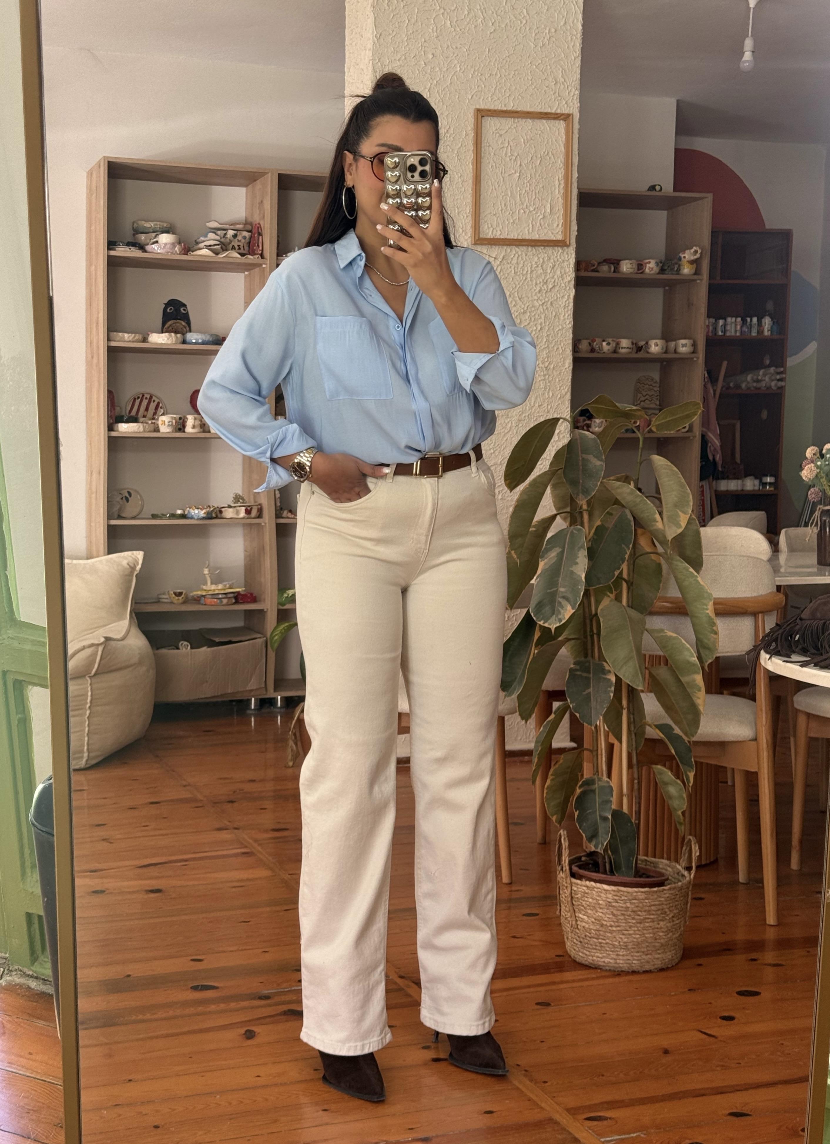 Wıde Leg Kemerli Jean Krem