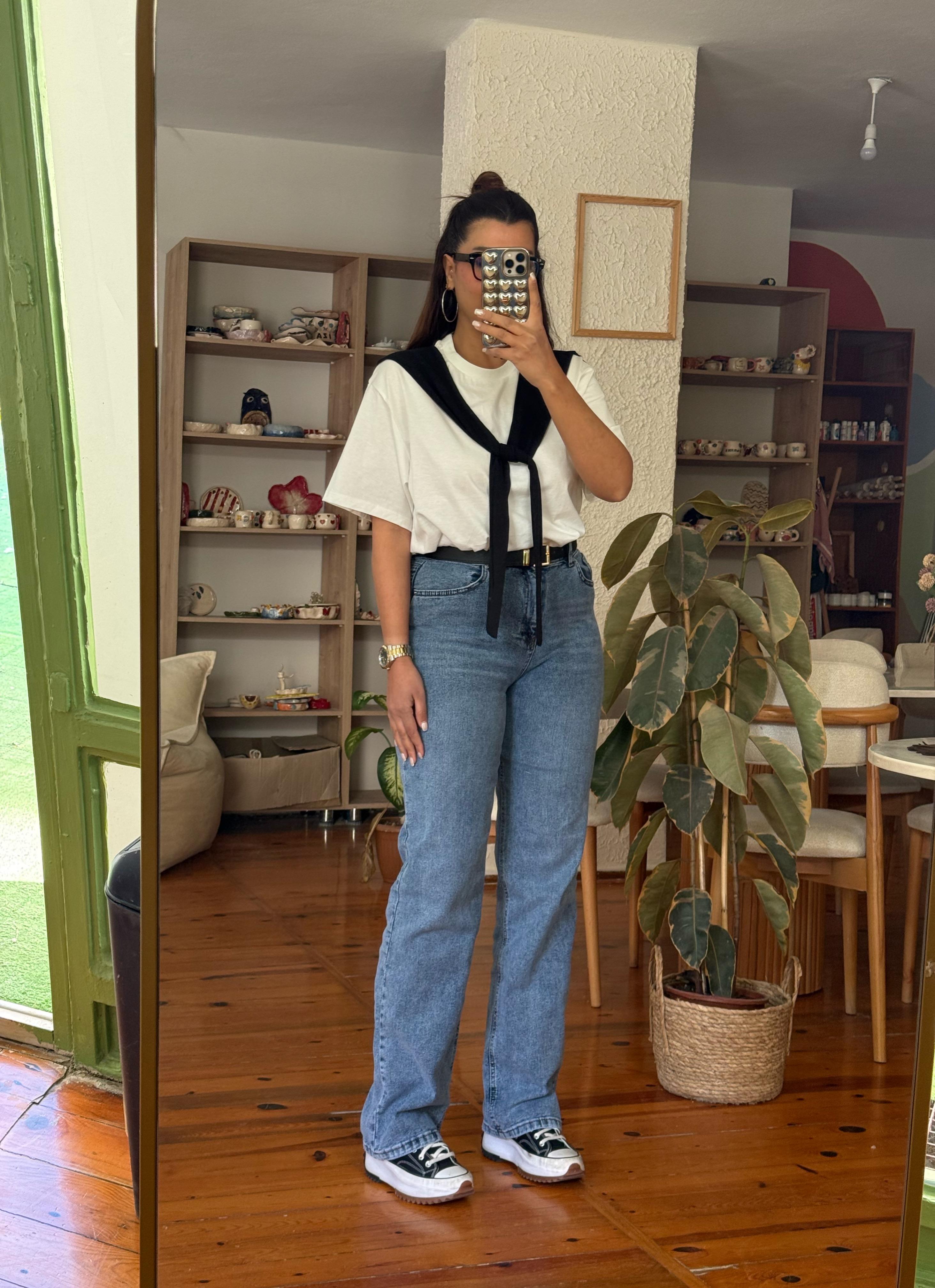 Wıde Leg Kemerli Jean Mavi