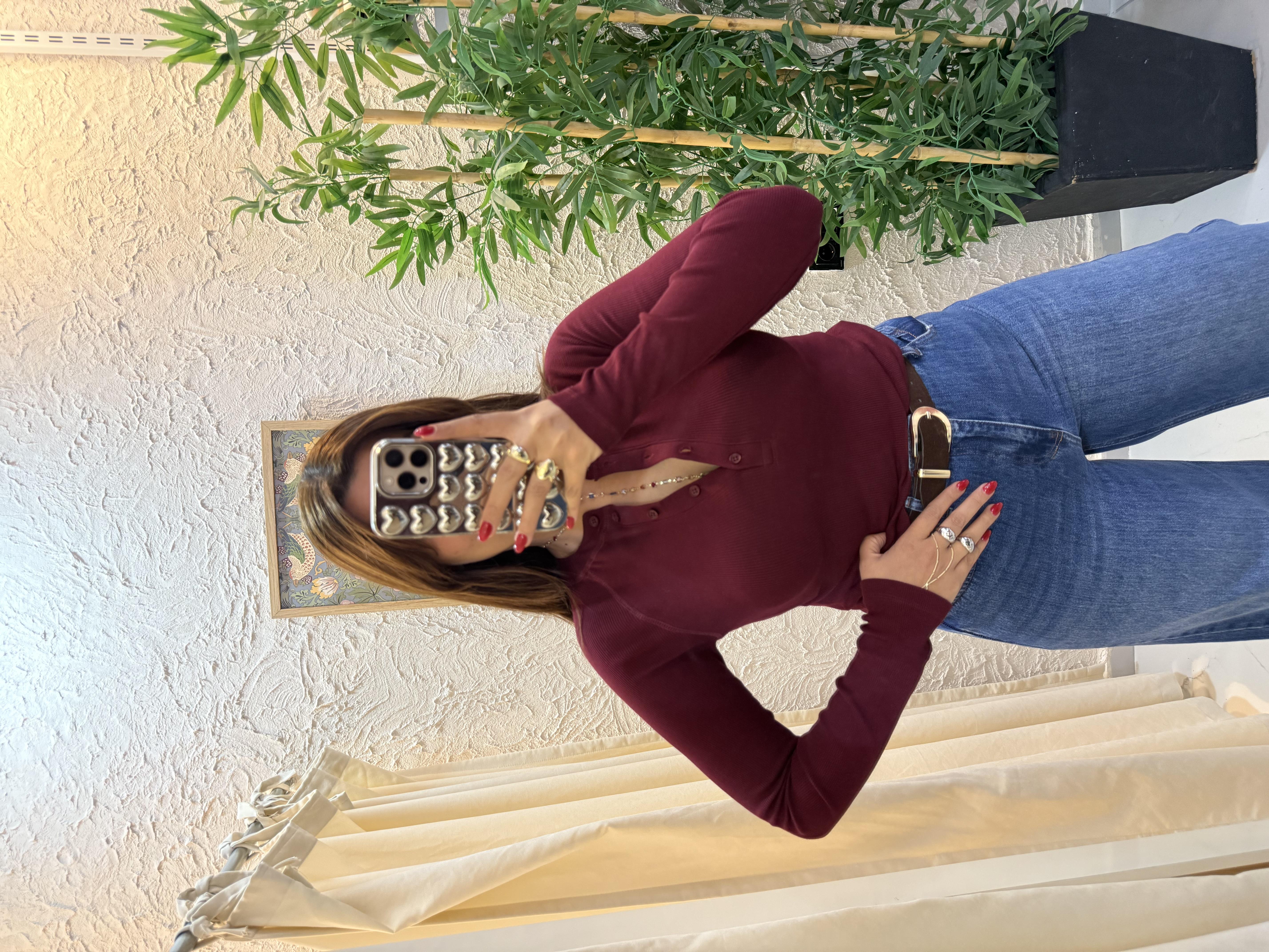 Yakası Düğmeli Bluz Bordo