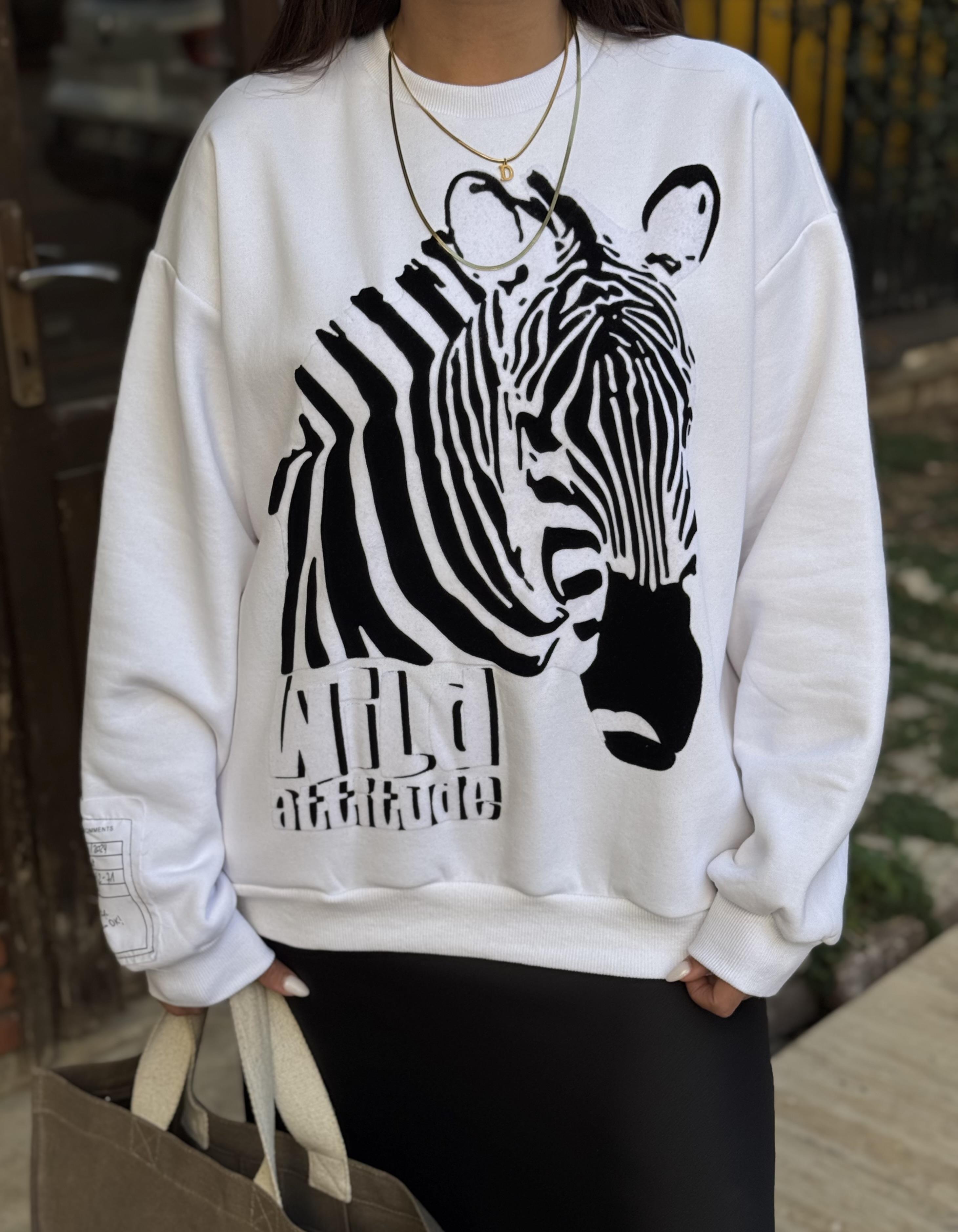 Zebra Desen Sweatshirt  Beyaz