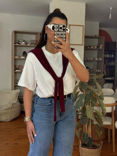 Atkı Detaylı T-shirt Bordo
