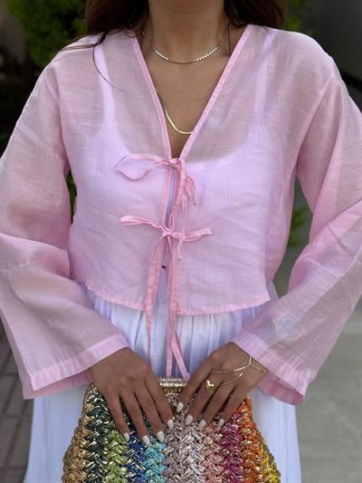 Bağlamalı Tensel Kimono Pembe
