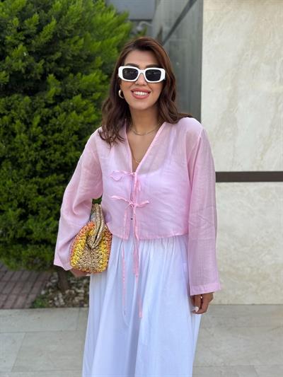 Bağlamalı Tensel Kimono Pembe
