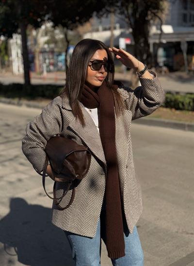 Balık Sırtı Desen Kaşe Kaban Kahverengi