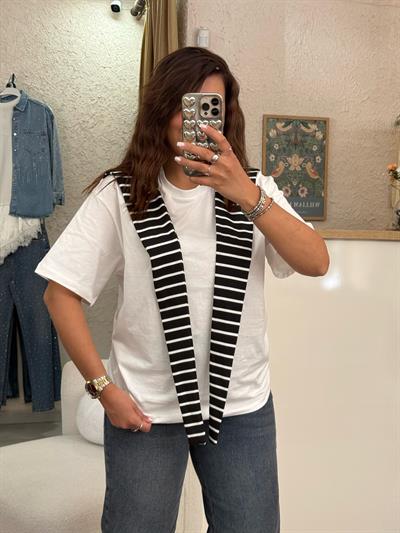 Çizgili Atkılı T-shirt Beyaz