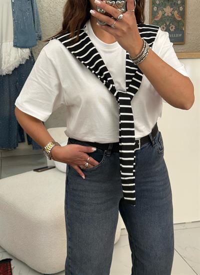 Çizgili Atkılı T-shirt Beyaz
