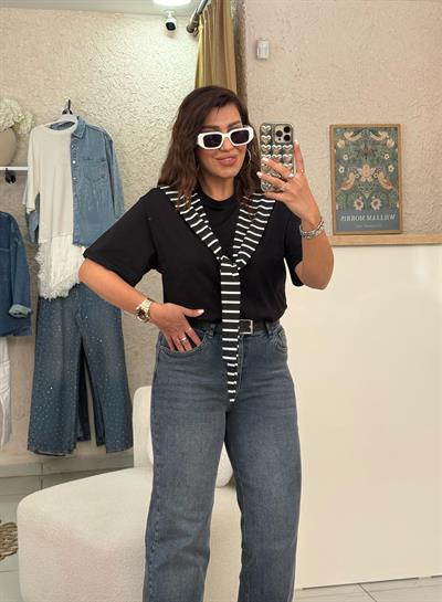 Çizgili Atkılı T-shirt Siyah