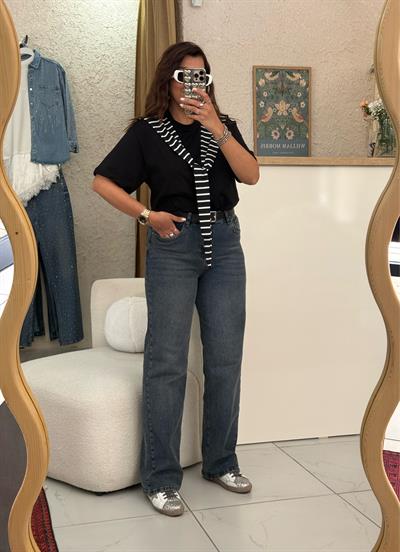Çizgili Atkılı T-shirt Siyah