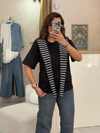 Çizgili Atkılı T-shirt Siyah