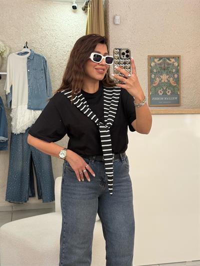 Çizgili Atkılı T-shirt Siyah