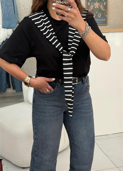 Çizgili Atkılı T-shirt Siyah