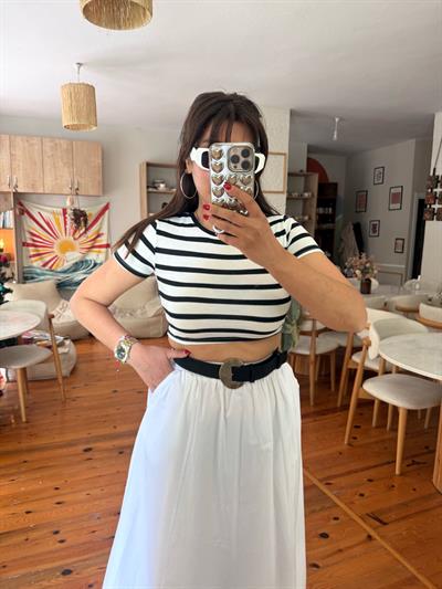Çizgili Crop T-shirt Beyaz-Siyah